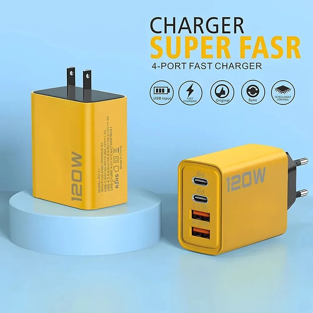 Total 120W Fast Charging PD USB Type-C Wall Adapter for iPhone 16/15/14 Xiaomi Huawei Redmi Oneplus - Quick Charger for Multiple